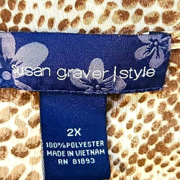 Susan Graver Brown & Beige Print Sheer Blouse, Elastic Tie Waist, Size 2X - Picture 10 of 10